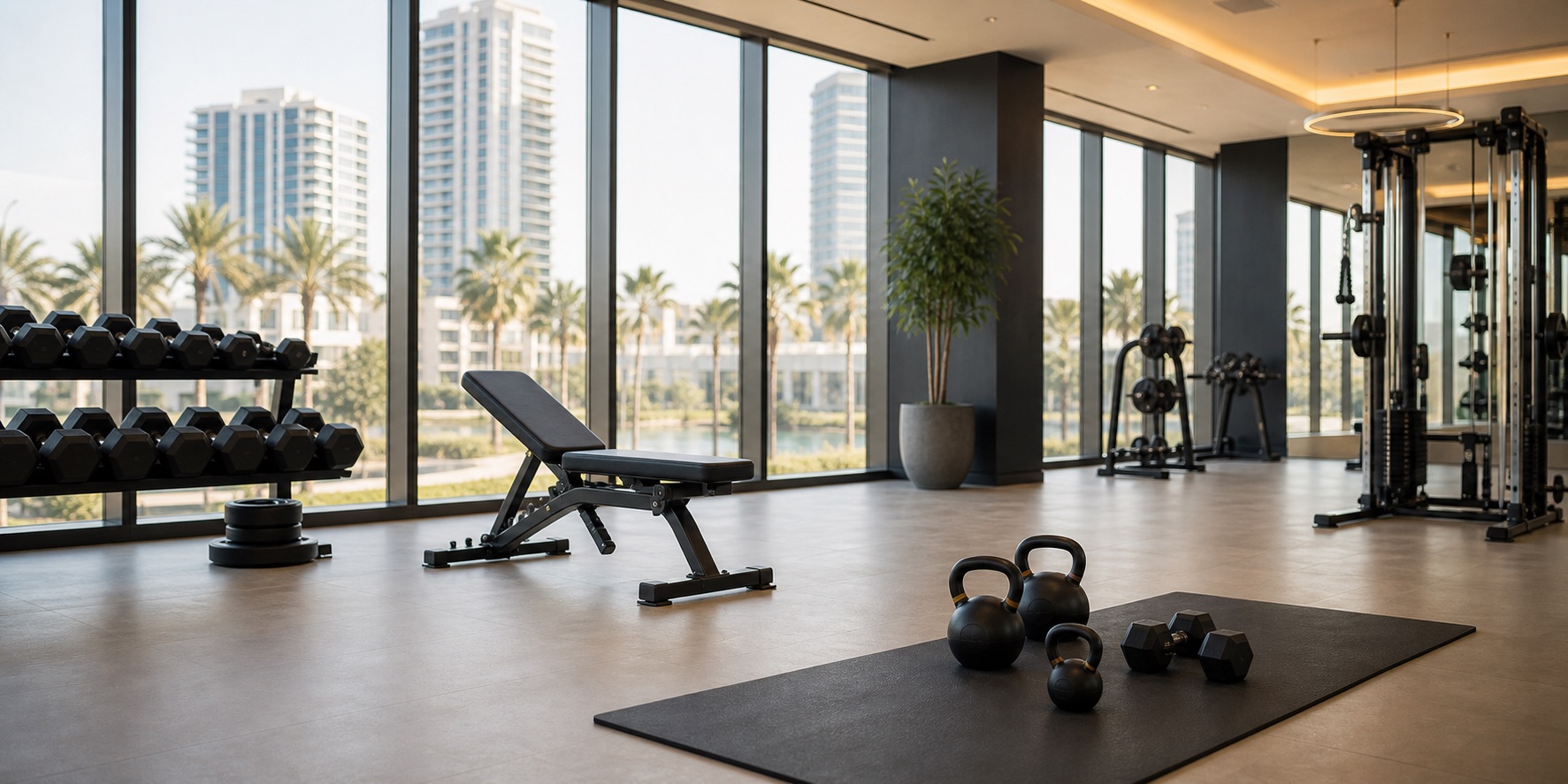 A bright private condo fitness center with strength equipment ready for training